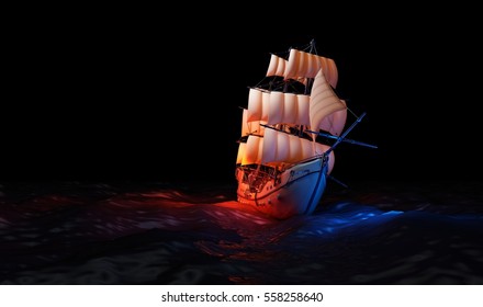 Graphical representation of a sailing boat on a black background.,3d render