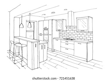 Graphical Sketch Of An Interior Kitchen, Bar Table, High Chairs, Stove, Extractor, Oven, Liner