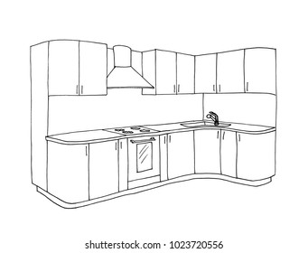 Graphical Sketch Of An Interior Kitchen, Stove, Extractor, Oven, Liner