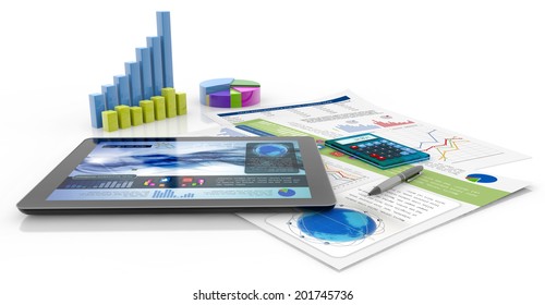graphics, calculator, pen, tablet and financial documents