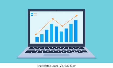 Graphics of a laptop with a graph with data on the screen. The graph shows the growth of investments. Flat style graphics.