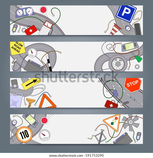 Graphics\
sketchy doodle icons. Horizontal banners with a car theme. Traffic\
signs, auto parts, Jack, a road with a dividing strip. Horizontal\
banners design templates set for your\
bussines