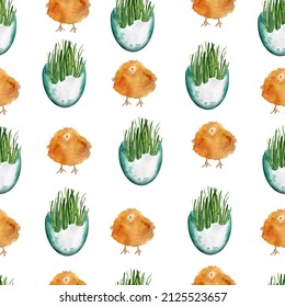 Grass In Blue Egg Shell And Chick Watercolor Seamless Pattern. Template For Decorating Designs And Illustrations.