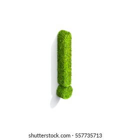 Grass exclamation punctuation mark from isometric angle with shadow on ground. 3D illustration isolated on white background.
