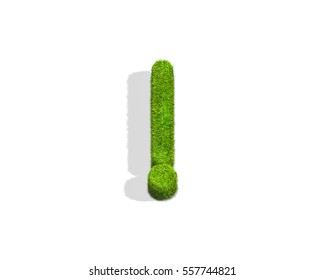 Grass exclamation punctuation mark from top angle with shadow on ground. 3D illustration isolated on white background.