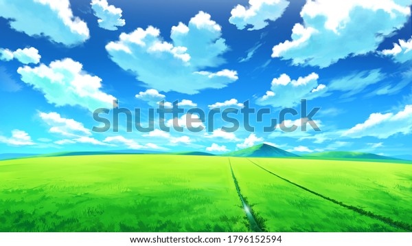 草原アニメ雲の背景に風景イラスト Jpg のイラスト素材