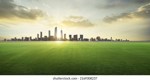 Grass Field With City Background. 3d Rendering