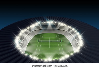 A Grass Lawn Tennis Court In A Stadium At Night Under Floodlights