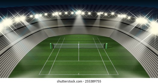 A Grass Lawn Tennis Court In A Stadium At Night Under Floodlights