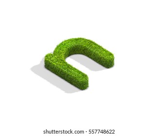 Grass letter N in lowercase format from isometric angle with shadow on ground. 3D illustration isolated on white background.