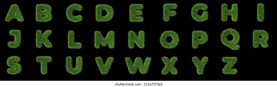 Grass letters alphabet on black background isolated fresh green 3D render grass