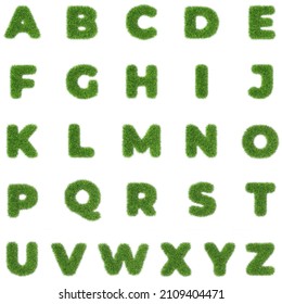 Grass letters alphabet on white background isolated fresh green 3D render grass