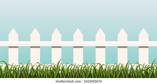 Grass on a background of fence and sky. Horizontal seamless pattern.  illustration.