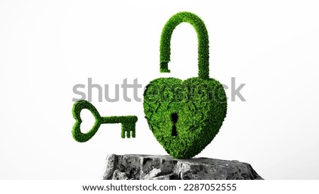 Grass Padlock with key in the shape of a heart on a white background. Green grass open padlock. Eco friendly concept. Love, dating and relationships. 3D Illustration