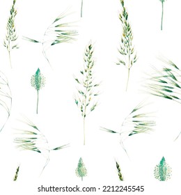 Grass Seamless Watercolor Pattern. Green And Teal Botanical Meadow Border. Summer Grass Motif. Vintage Garden Wallpapaer.
 Plantago And Apera Dried Wild Plants. Abstract Floral Illustration.