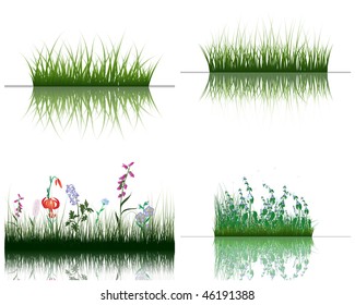 Grass silhouettes backgrounds set with reflection in water