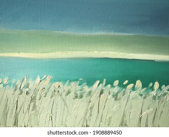 Grass stalks on a green background. Oil painting on canvas