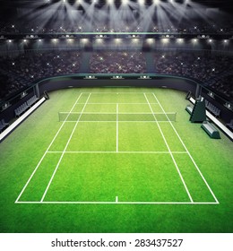grass tennis court and stadium full of spectators with spotlights tennis sport theme render illustration background my own design