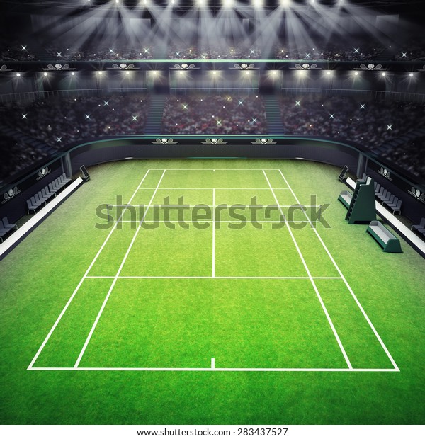 スポットライトのテニススポーツテーマのレンダーイラスト背景に私のデザインを持つ観客でいっぱいの草のテニスコートとスタジアム のイラスト素材