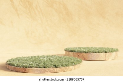 Grass And Wooden Circle Podium For Product Presentation,  Leaf Shadows On The Wall, 3d Render, 3d Illustration