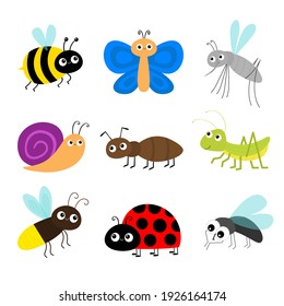 Grasshopper, Fly, Firefly, Ant, Mosquito, Bee Bumblebee, Butterfly, Snail Cochlea, Lady Bug Ladybird Flying Insect Icon Set. Ladybug. Cute Cartoon Kawaii Character. Flat Design White Background 