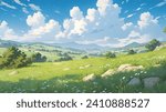 Grassy field, wildflowers, beautiful sky, anime style, digital art painting, a beautiful spring landscape