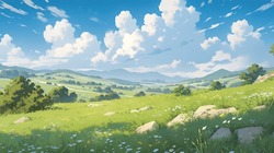 Champ De Graminées, Fleurs Sauvages, Ciel Magnifique, Style Anime, Peinture D'art Numérique, Un Beau Paysage Printanier