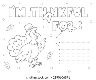 gratitude coloring activity for kids   adults  Make your list things you are thankful for and cute thanksgiving design   cartoon turkey  you can print it 8 5x11 inch paper