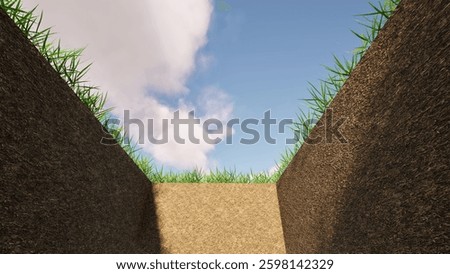 Grave pit cloudy sky rectangle hole underground 3d render