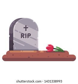 Gravestone With Flower. Farewell To A Relative. Fresh Grave. Flat Illustration.