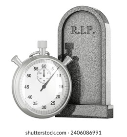 Gravestone with stopwatch, 3D rendering isolated on white background