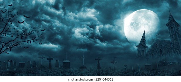 Graveyard Cemetery To Castle In Spooky Scary Dark Night Full Moon And Bats On Dead Tree. Holiday Event Halloween Banner Background Concept. 