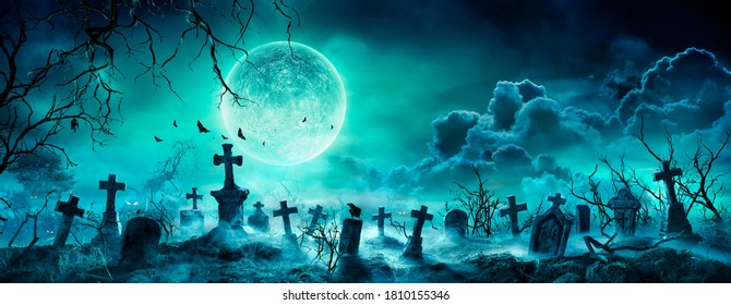 Graveyard At Night - Spooky Cemetery With Moon In Cloudy Sky And Bats - Contain 3d Illustration
