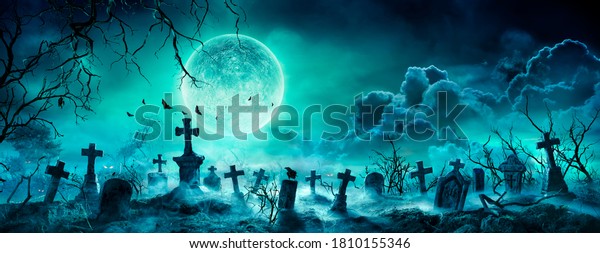 Graveyard At Night - Spooky\
Cemetery With Moon In Cloudy Sky And Bats - Contain 3d\
Illustration\
