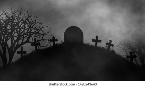 Graveyard On Hill In Haunted And Scary Cemetery At Horror Night.