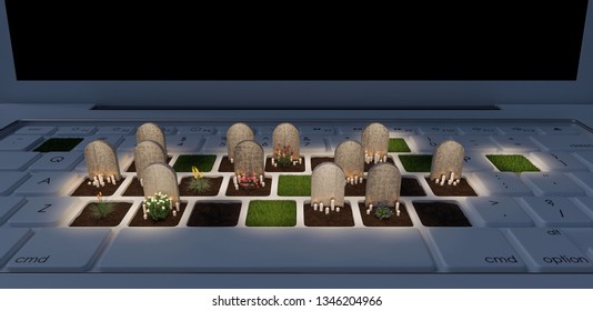 Graveyard On Laptop Computer, Dependence On The Digital World Concept, 3d Render, 3d Illustration