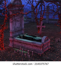 Graveyard Scene At Night Dead Vampire Laying In Crypt Grave Headstone With Crosses And Red Twinkle Lights And Candles With A Dark Blue Night Sky And Dead Tree Branches To Make It Spooky For Halloween