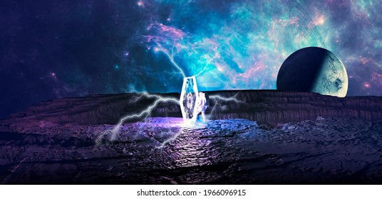 Gravitational tunnel, space-time tunnel. Travel in space time, the deformation of the space-time continuum. Time traveler enters a portal that unites two worlds. Teleportation. Sci-fi. 3d render