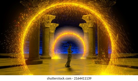 Gravitational tunnel, space-time tunnel. Travel in space time, the deformation of the space-time continuum. Time traveler enters a portal that unites two worlds. Teleportation. Sci-fi. 3d rendering