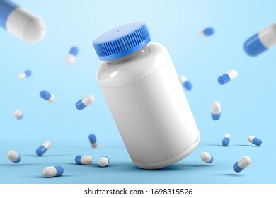 Gravity Bottle With Falling Pills Mockup. 3D Rendering