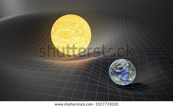 重力と一般相対性理論のコンセプト ゆがんだ宇宙時の地球と太陽 3dレンダリングイラスト のイラスト素材
