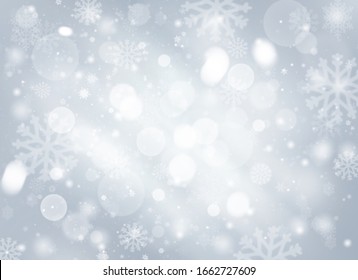 Gray Abstract Background. White Bokeh Snowflakes Stars Blurred Beautiful Shiny Lights Use Wallpaper Backdrop Christmas Wedding Card And Texture Your Product.