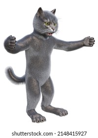 Gray anthropomorphic cat with wide spread hands showing this big size of a fish caught by bragging fishman. 3d render isolated on white