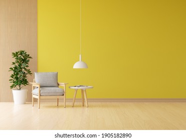 Gray Armchair In Yellow Living Room With Free Space For Mockup, 3D Rendering