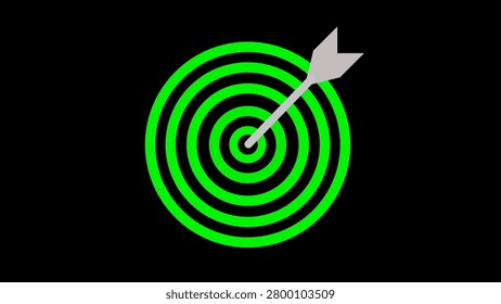 A gray arrow is shown on and centered in the middle of a green concentric circle target on a solid black background. The circles are stacked on of one another to form a bullseye. The gray arrow points of the right to the center.