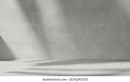 Gray background with cement wall texture. Minimalist abstract background for product presentations with soft shadows from the window