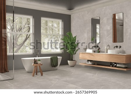 Gray bathroom interior with double white basins and ceramic bathtub on white marble texture floor. Modern bathing area with decoration. 3D Illustration. High Resolution. 3D Rendering