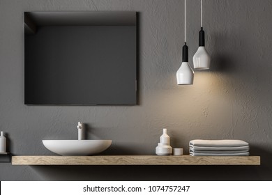 Gray Bathroom Sink Standing On A Wooden Shelf. A Square Mirror Hanging On A Gray Wall. A Close Up. 3d Rendering