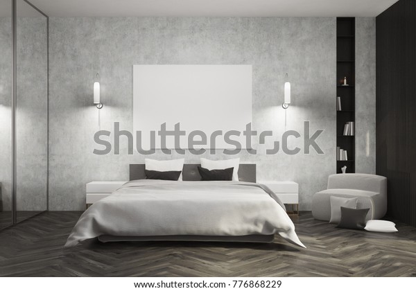 Gray Bedroom Interior Dark Wooden Floor Stock Illustration