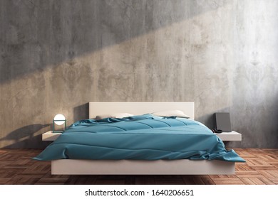 Gray Bedroom Minimal Style Interior Design With Blank Wall. Design And Style Concept. 3D Rendering